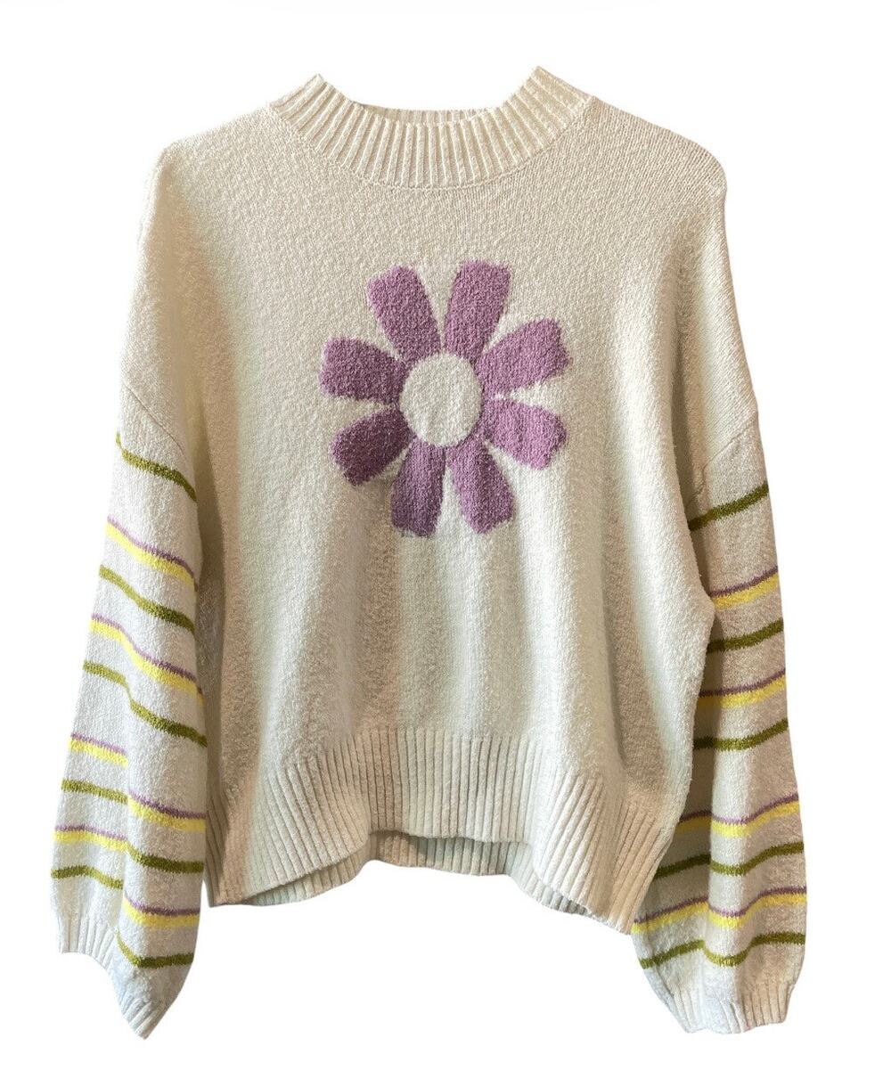 3 FOR $45 SALE | Retro Daisy Knit Sweater Cream Striped Sleeve Medium